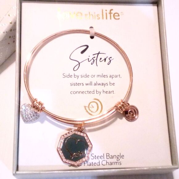 Love This Life Sisters Bangle Charm Bracelet NIB - Picture 3 of 4